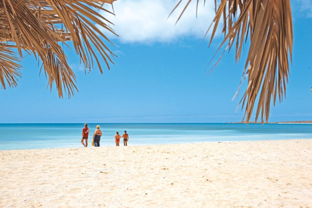 Strand Kaapverdi&euml; Sal met palmbomen en turquoise zee